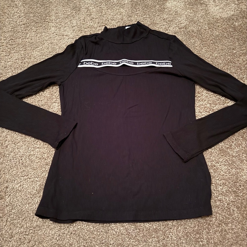 Bebe Women Black Ribbed Mock Neck Long Sleeve Logo Cutout Top Size M